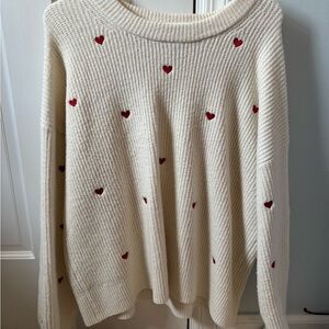 Cream Sweater with Red Heart Accents
